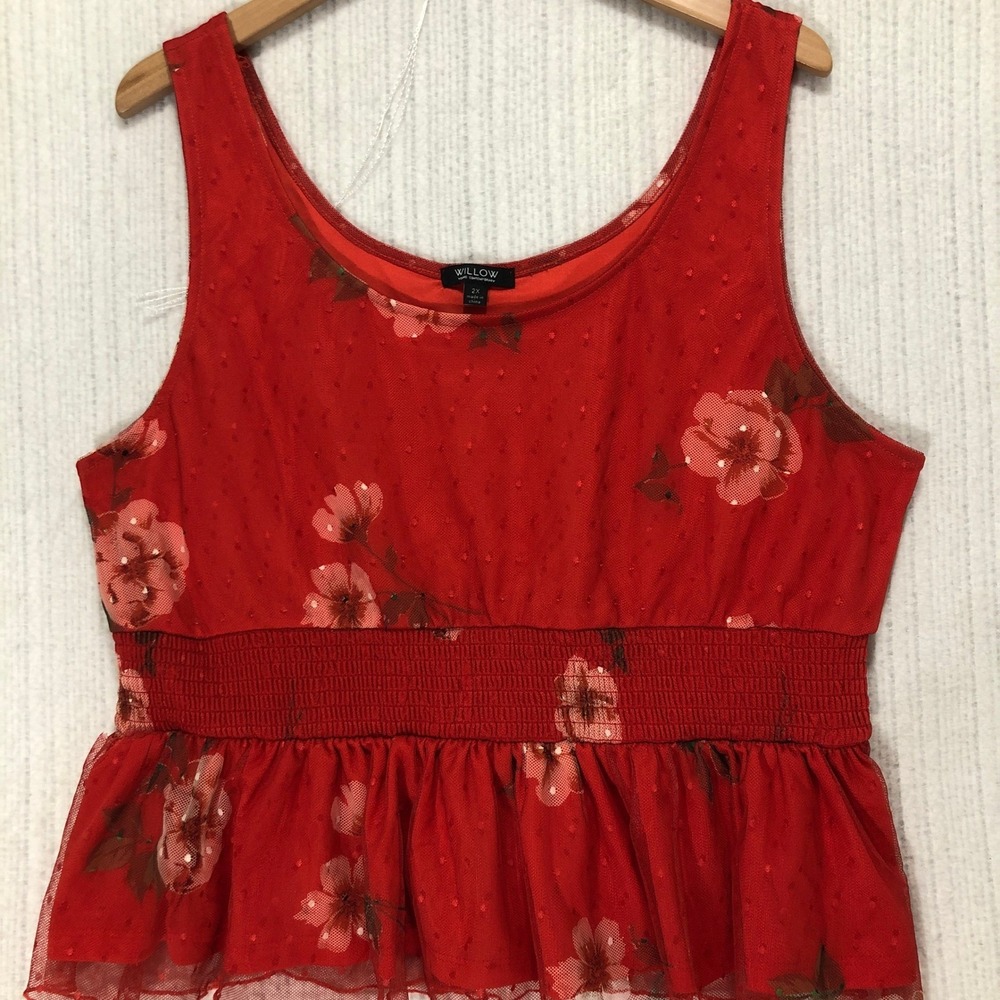 Willow & Clay Red‎ Floral Swiss Dot Sleeveless Peplum Top - Size 2X